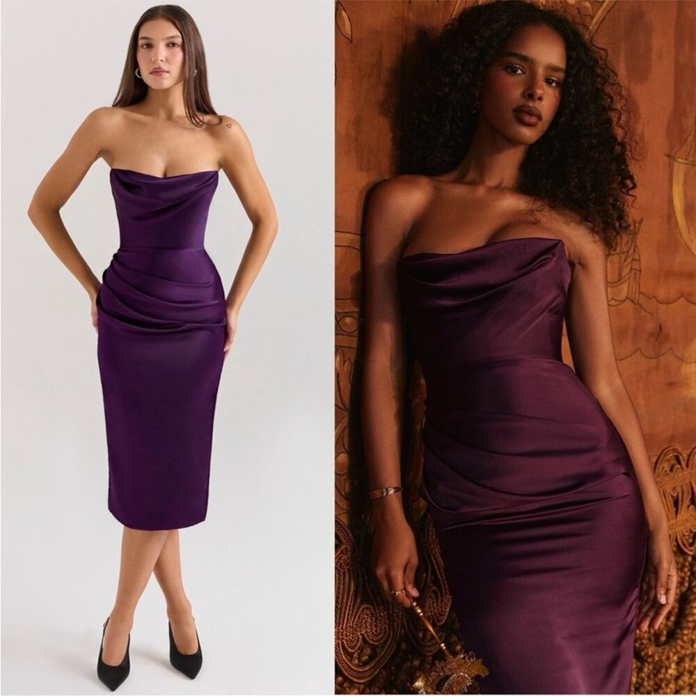 House of CB Santana Grape Satin Strapless Midi Dress XS